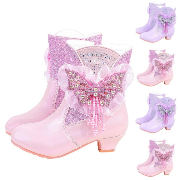 Juebong Toddler Girls Boots Kids Rhinestone Sparkly Dress Boots Low Heels Ponited Toe Birthday Party Short Boots Pink,29