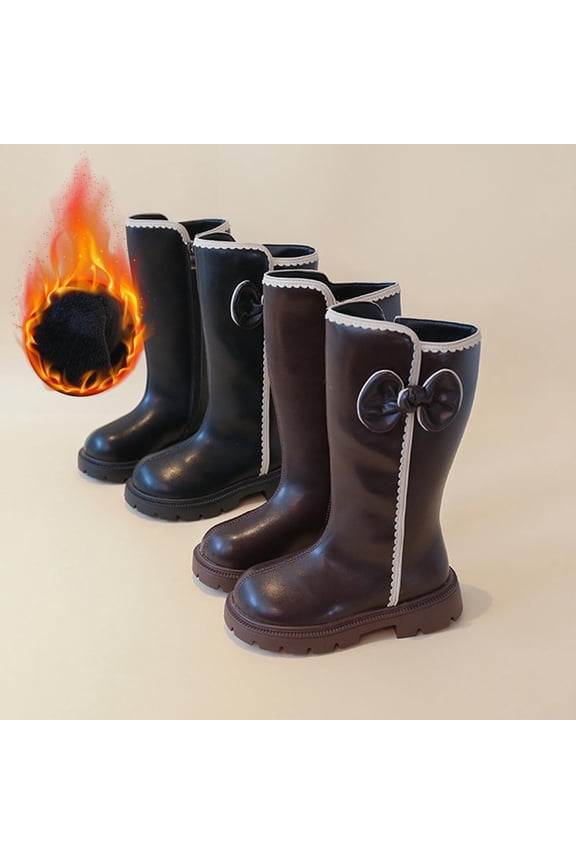 Toddler Kids Fleece Lined Riding Boots Winter Warm Boys Girls Mid Calf Combat Boots with Side Zipper Black,36