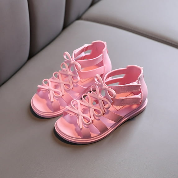 Juebong Toddler Shoes Baby Girls Cute Solid Color Bow Hollow Out Non-slip Soft Sole Beach Roman Sandals, Pink, 9-10 Years