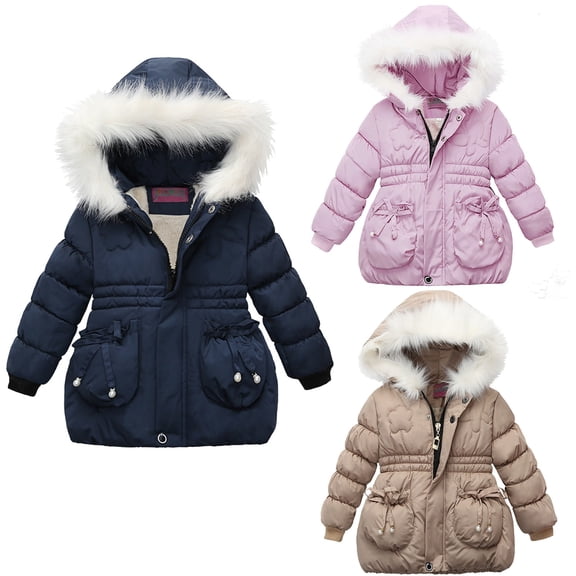 Juebong Toddler Winter Coats Thickened Hooded Puffer Jacket Warm Sherpa Fleece Lined Quilted Jackets Baby Girls Padded Coat Navy,18-24 Months