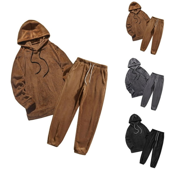 Juebong Tracksuits for Men Solid Color Fleece Loose Fit Athletic Casual Long Sleeve And Pants Hooded Sweatshirts Winter Black,XXL