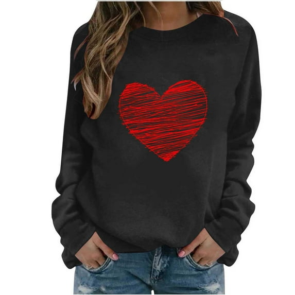 Juebong Valentine's Day Women's Sweatshirt Casual Long Sleeve Cute Printed Crewneck Pullover Tops Lightweight Holiday Jumpers,Black shirts for women,XL