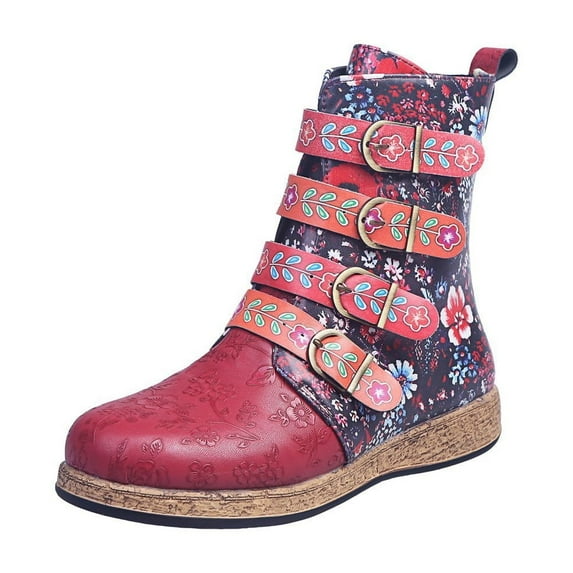 Juebong Vintage Red Boots Large Printed Hiking Boots Winter Slip On Combat Leather Boots,Red Size 10.5