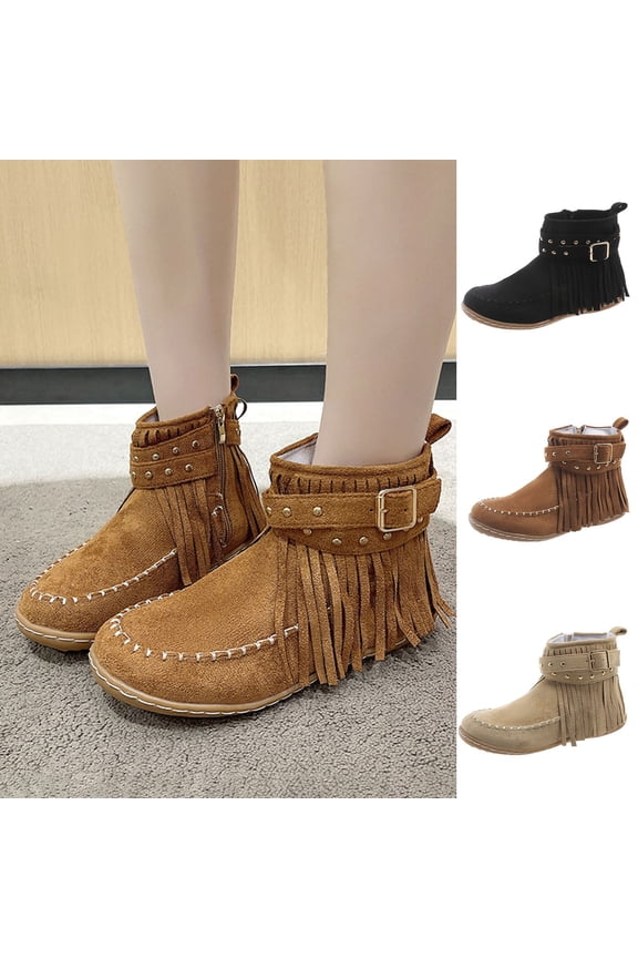 Women Boho Boots Vintage Casual Tassel Fringe Suede Round Toe Ankle Booties With Side Zipper Bohemian Slip On Flats Black,37