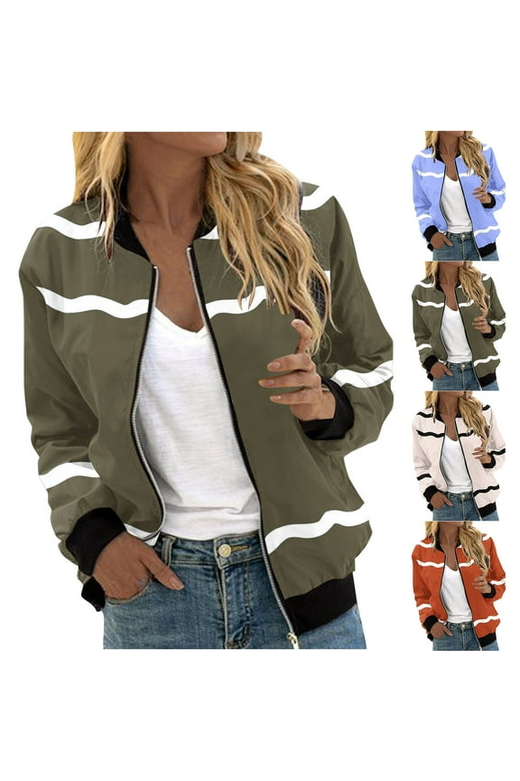 Women Bomber Jacket Striped Casual Lightweight Zip Up Varsity Jackets Trendy Short Motorcycle Jackets with Pockets Outwear Army Green,M