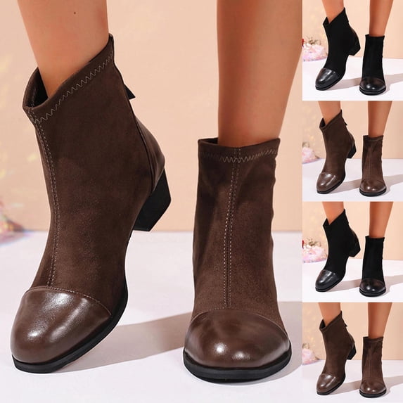 Juebong Women Boots Ladies Fashion Casual Solid Color Suede Round Toe Chunky Block Mid Heels Ankle Booties With Side Zipper Coffee,41