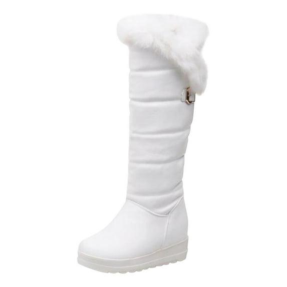 Juebong Women Boots Metal Buckle Thick Fleece Slip-on Platform Mid-heel Solid Color Winter Warm Knee High Snow Boots,White Size 6