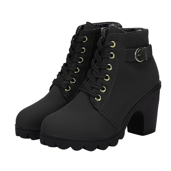 Juebong Women Boots Retro Chunky Block Heel High Heel Shoes Boots Plus Size Lace Up Boots,Black Size 4.5