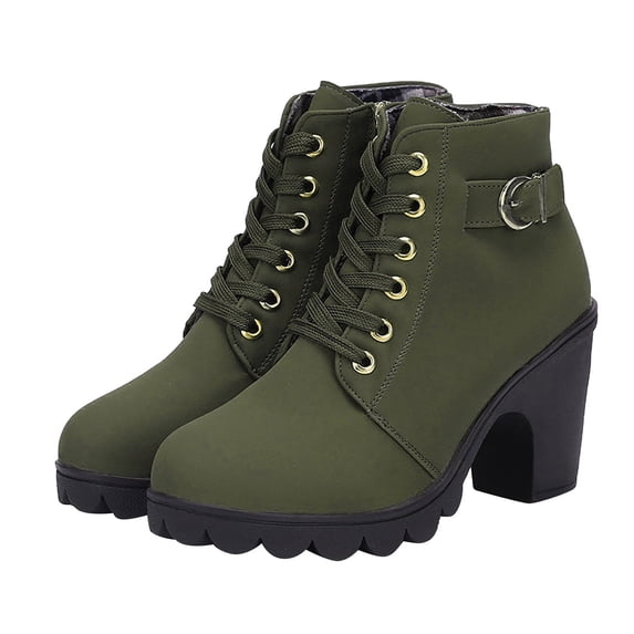 Juebong Women Boots Retro Chunky Block Heel High Heel Shoes Boots Plus Size Lace Up Boots,Green Size 7.5