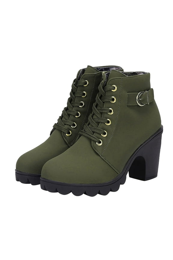 Women Boots Retro Chunky Block Heel High Heel Shoes Boots Plus Size Lace Up Boots,Green Size 7