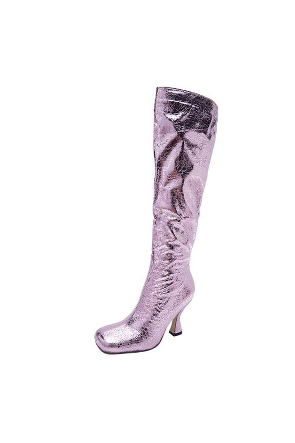 Women Boots Square Toe Shoes Zip Shoes Fashion High Heel Shoes Knee-High Boots Shiny Stilettos,Purple Size 7