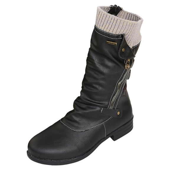 Juebong Women Boots Vintage Winter Zipper Mid-Calf Lace Up Slip On Retro Womens Shoes,Black Size 6