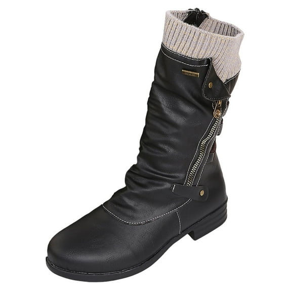 Juebong Women Boots Vintage Winter Zipper Mid-Calf Lace Up Slip On Retro Womens Shoes,Black Size 9.5