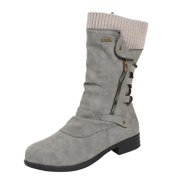 Juebong Women Boots Vintage Winter Zipper Mid-Calf Lace Up Slip On Retro Womens Shoes,Gray Size 8.5