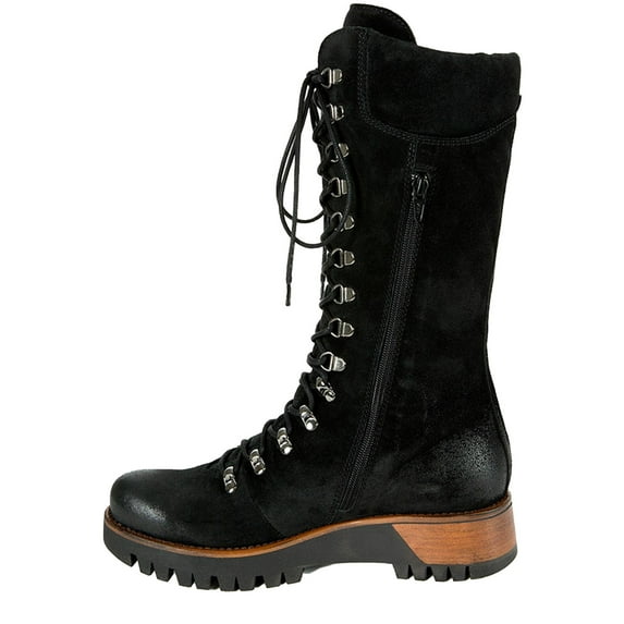 Juebong Women Boots Winter Strap Chunky Heels Lace Up Slip On Retro Womens Footwear Casual Shoes,Black Size 6.5