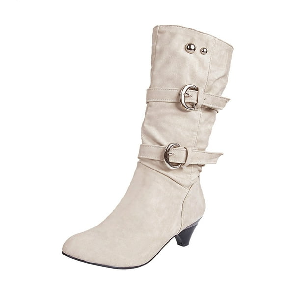 Juebong Women Boots Winter Warm Mid Heel Fashion Slip-on Mid-calf Belt Buckle Casual Shoes,Beige Size 4.5