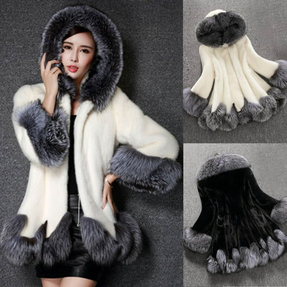 Juebong Women Faux Fur Fleece Jacket Winter Warm Fashion Hood Puffer Coat Furry Parka Shaggy Jackets Coat Fluffy Fuzzy Outerwear White,L
