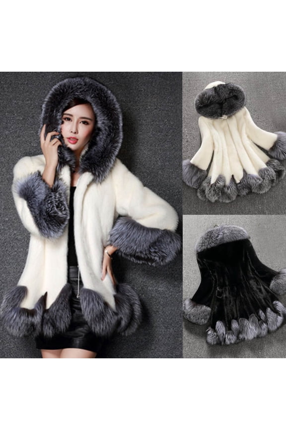 Women Faux Fur Fleece Jacket Winter Warm Fashion Hood Puffer Coat Furry Parka Shaggy Jackets Coat Fluffy Fuzzy Outerwear White,L