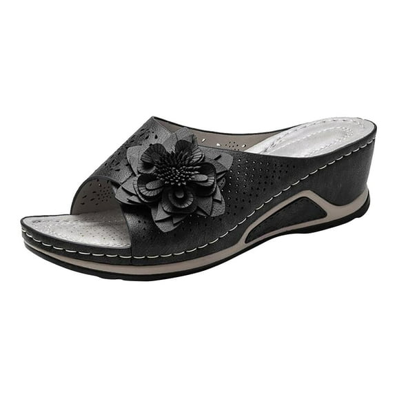 Juebong Women Fish Mouth Collection Leather Soft Footbed Orthopedic Arch-Support Sandals,Black Size 8