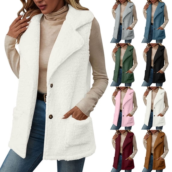 Juebong Women Fleece Vest Sherpa Fuzzy Comfy Button Down Coats Sherpa Sleeveless Jacket Winter Coat Outerwear with Pockets Black,XXL