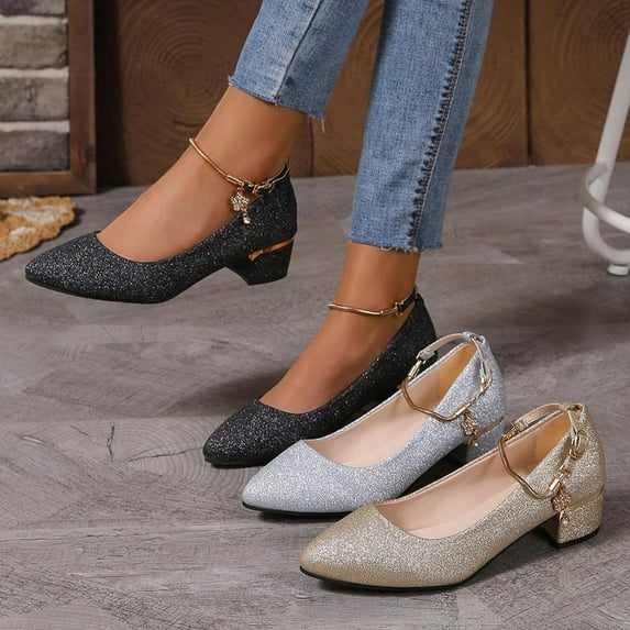 Juebong Women Glitter Low Kitten Heels Dress Pumps Fashion Wedding Evening Formal Elegant Closed Toe Shoes for Women Bride Black,41