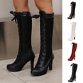 thumbnail image 1 of Juebong Women Lace Up Knee High Boot Chunky Mid Heel Long Boots Kawaii Shoes,Cute Fashion Bow Mid-Calf Boot Red,36, 1 of 8