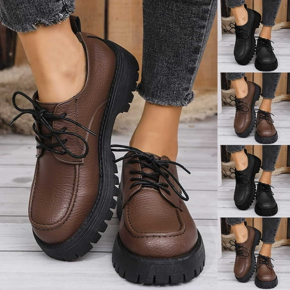 Juebong Women Lace Up Loafers Dressy PU Leather Chunky Heel Loafers Slip On Round Toe Casual Business Walking Shoes Brown,40