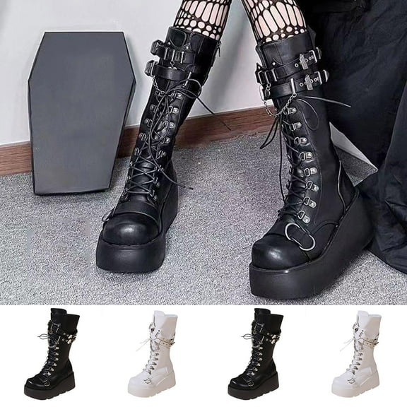 Juebong Women Leather Lace-Up Wedge Knee High Boots Fashion Round Toe with Buckle Zipper Gothic Punk Mid Calf Boots Black,37