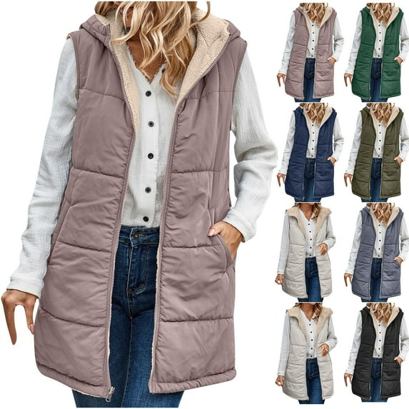 Juebong Women Long Puffer Vest 2025 Warm Quilted Sleeveless Vests Reversible Parka Puffy Winter Coat Oversized Hood Outerwear Khaki,M
