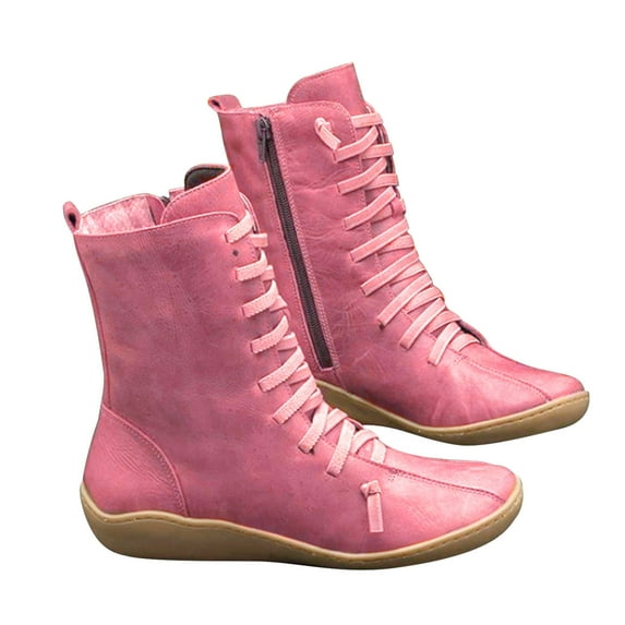 Juebong Women Mid-tube Boots Womens Fashion Vintage Style Solid Zipper Flat Shoes Ankle Ankle Booties,Hot Pink Size 7