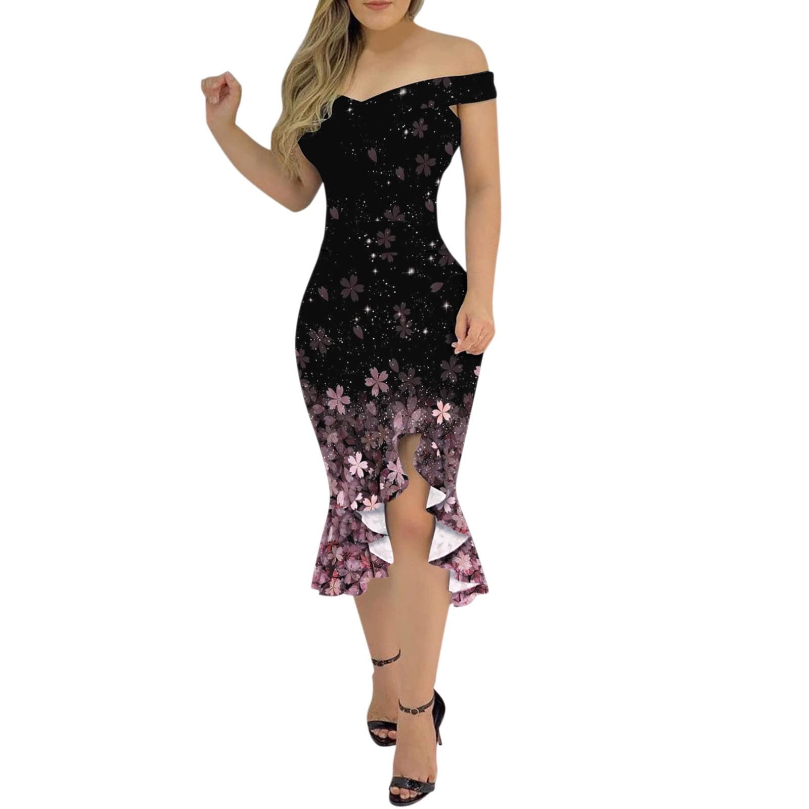 Juebong Women Off Shoulder Dress With Irregular Ruffled Hem Pattern Mid Length Dress Cold Shoulder One Piece High Waist Dress Long Beach Vacation