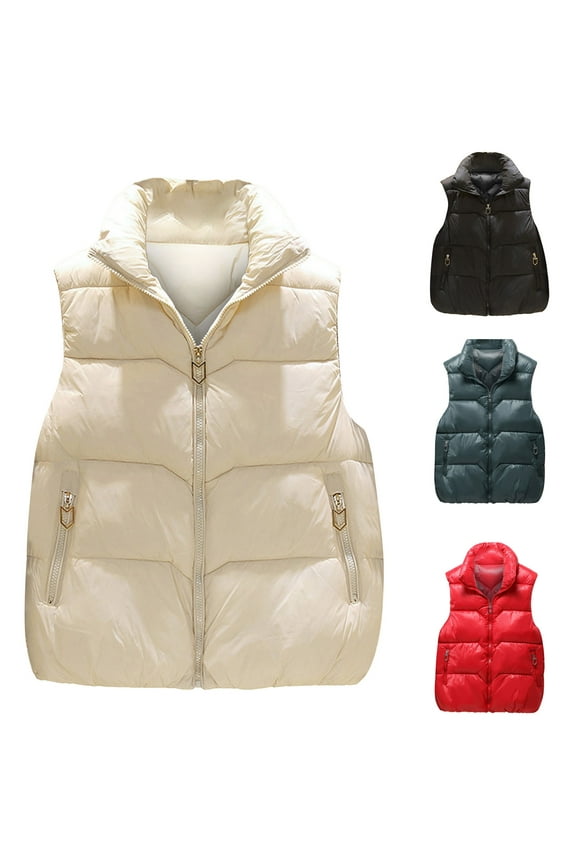 Women Puffer Vest Sleeveless Cropped Outerwear Warm Winter Lightweight Quilted Coat Stand Up Collar Bubble Down Jackets Green,XL