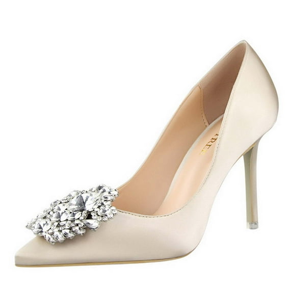 Juebong Women Pumps Elegant Rhinestone High Heels Shoes Sexy Thin Pointed Single Shoes,Beige Size 37