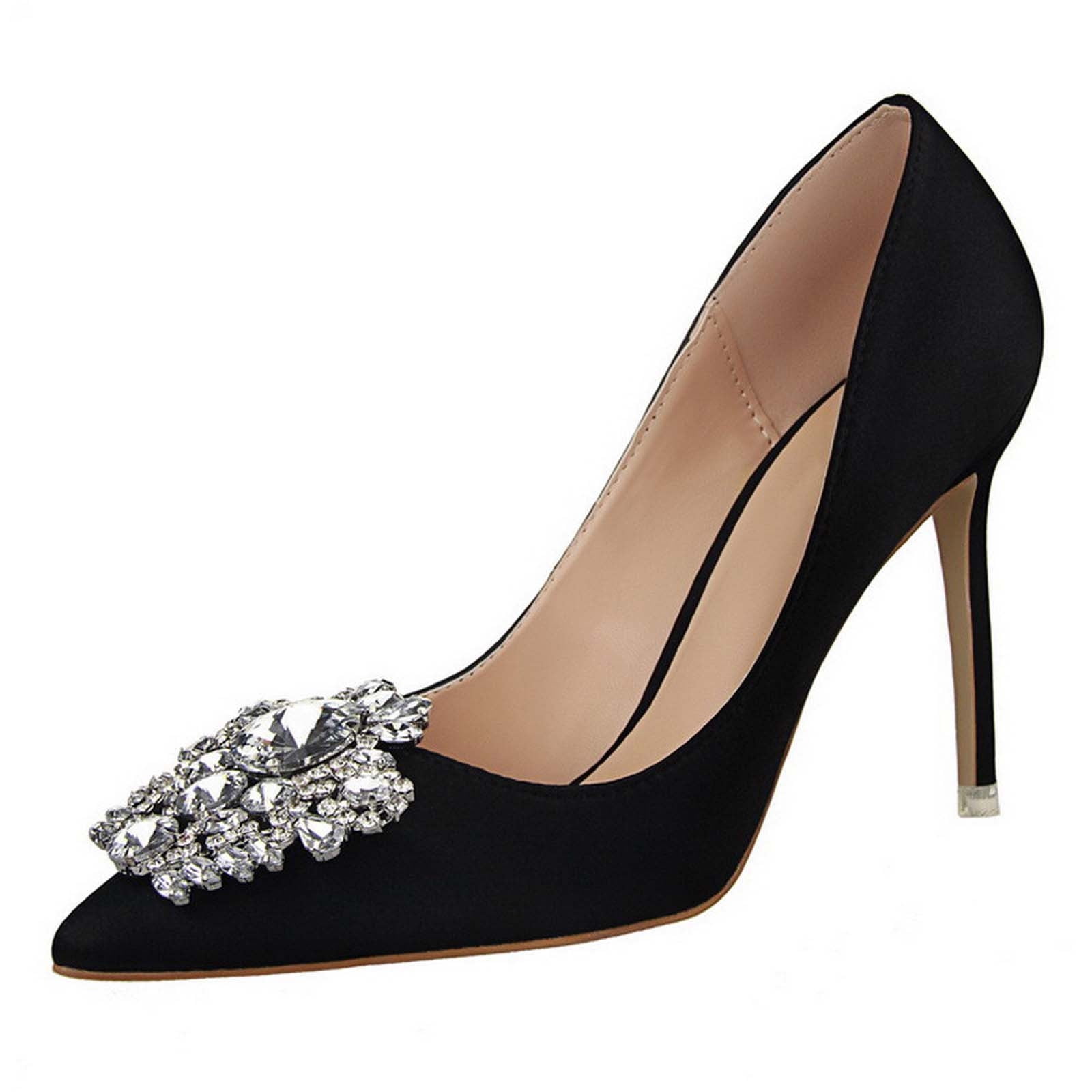 Juebong Women Pumps Elegant Rhinestone High Heels Shoes Sexy Thin Pointed Single Shoes,Black Size 39