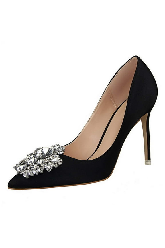 Women Pumps Elegant Rhinestone High Heels Shoes Sexy Thin Pointed Single Shoes,Black Size 39