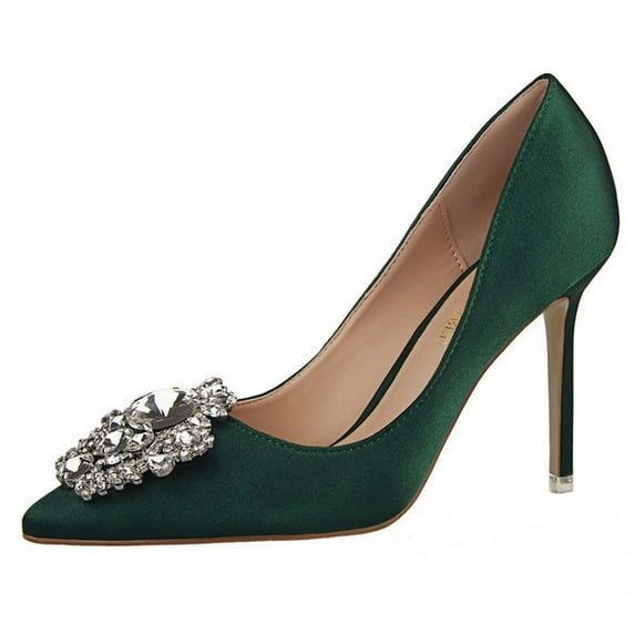 Juebong Women Pumps Elegant Rhinestone High Heels Shoes Sexy Thin Pointed Single Shoes,Green Size 39