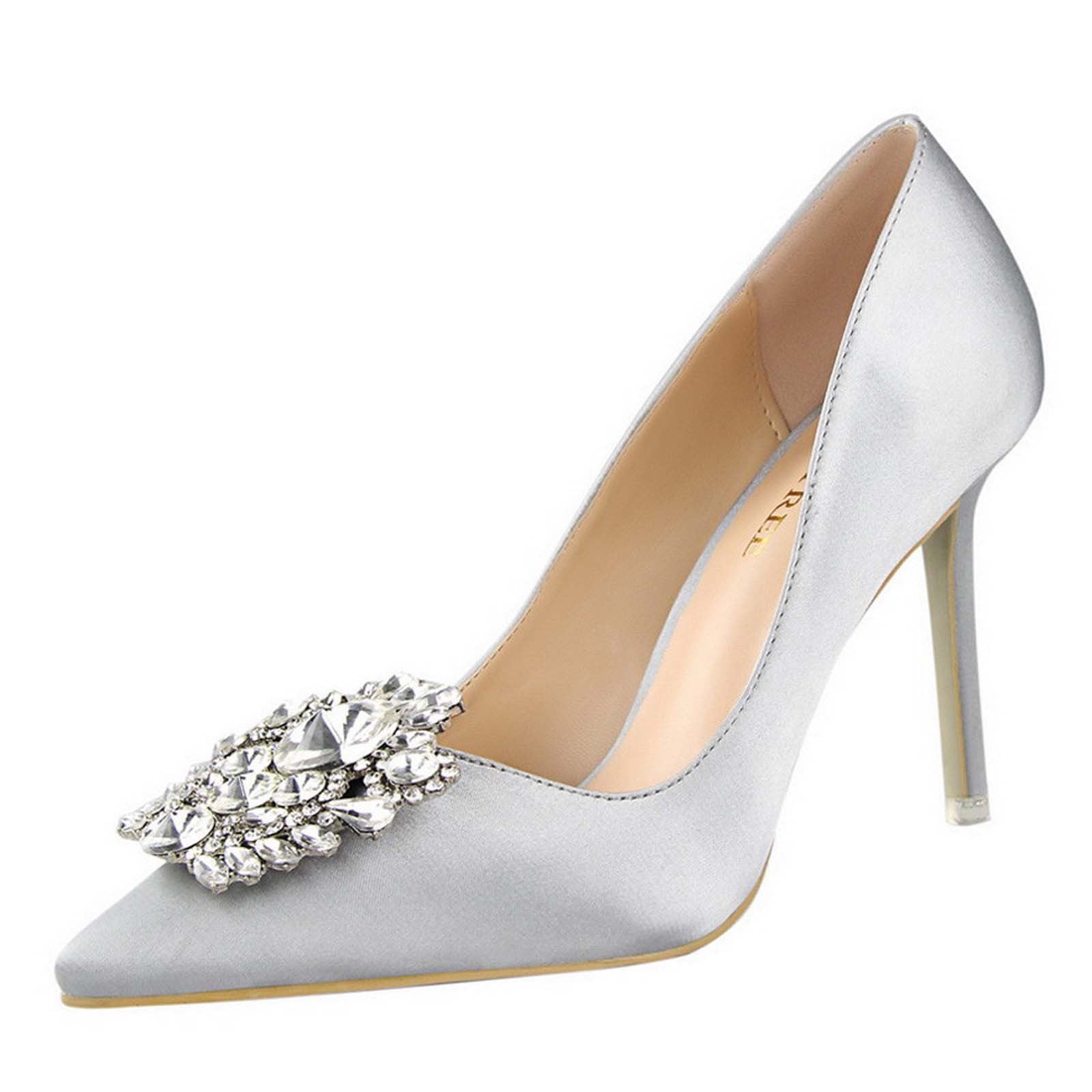 Juebong Women Pumps Elegant Rhinestone High Heels Shoes Sexy Thin Pointed Single Shoes,Silver Size 38