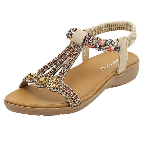 Juebong Women Rhinestones Roman Sandals Vintage T-Strap Peep Toe Sandal Shoes Low-heeled Slip On Shoes, Beige, 5.5