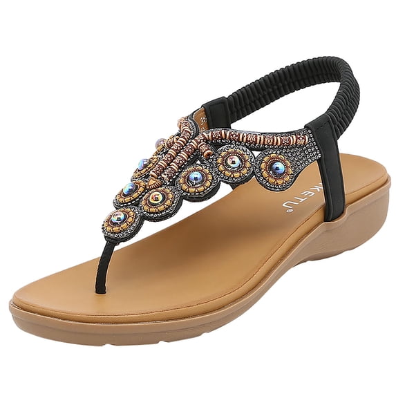 Juebong Women Rhinestones Roman Sandals Vintage T-Strap Peep Toe Sandal Shoes Low-heeled Slip On Shoes, Black B, 4.5