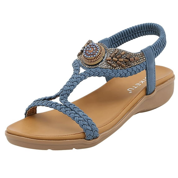Juebong Women Rhinestones Roman Sandals Vintage T-Strap Peep Toe Sandal Shoes Low-heeled Slip On Shoes, Light Blue C, 8.5