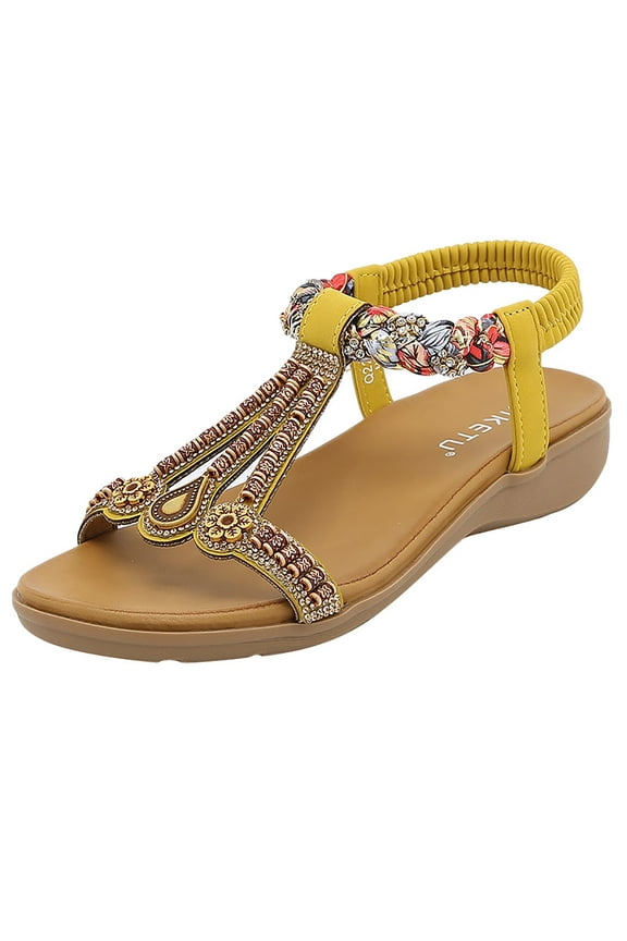 Women Rhinestones Roman Sandals Vintage T-Strap Peep Toe Sandal Shoes Low-heeled Slip On Shoes, Yellow, 7