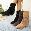 thumbnail image 1 of Juebong Women Suede Tassel Ankle Boots Fashion Round Toe Side Zipper Slip-On Flat Mocassion Ankle Boot Cowgirl Boots 2025 Black,38, 1 of 8
