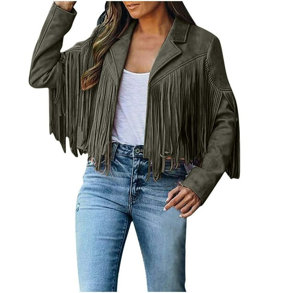 Juebong Women Tassel Coat 70s Hippie Faux Suede Rivets Long Sleeve Fringe Jacket S-XXXL,Army Green,S