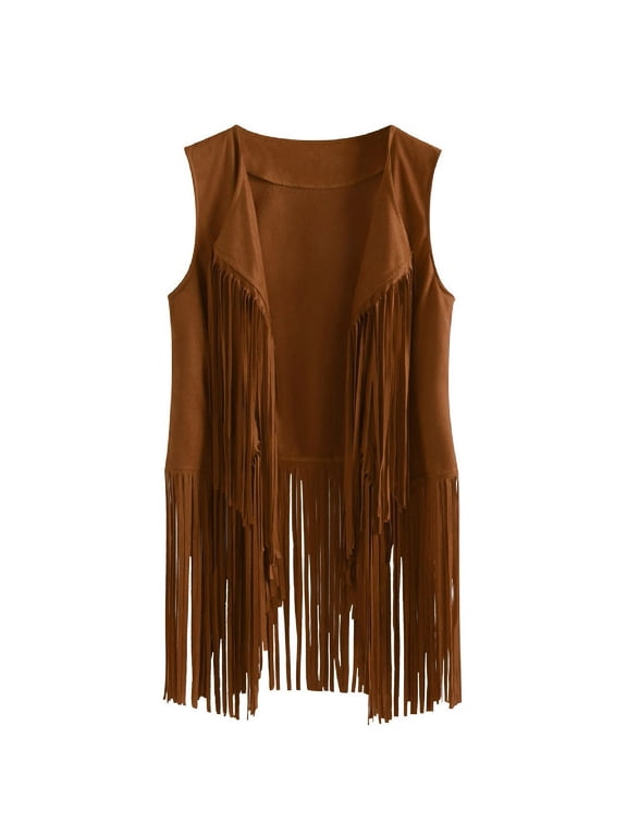 Women Tassel Vest 70s Hippie Faux Suede Rivets Sleeveless Fringe Jacket S-XXXL,Khaki,XXXL
