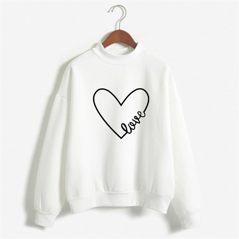 Valentine's Day Fashion Crew Neck Sweatshirts for Women Cute Heart Graphic  Print Pullover Tunic Tops Long Sleeve(White,L) 