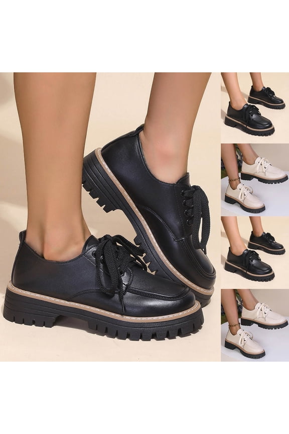 Women Vintage Chunky Heel Loafers Round Closed Toe Slip On Dress Loafer Lug Sole Office Formal Work Flats Beige,36