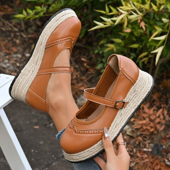 Juebong Women Wedge Heel Pumps Closed Round Toe Ankle Strap Low Heel Loafers Work Wedding Dress Shoes Brown,37