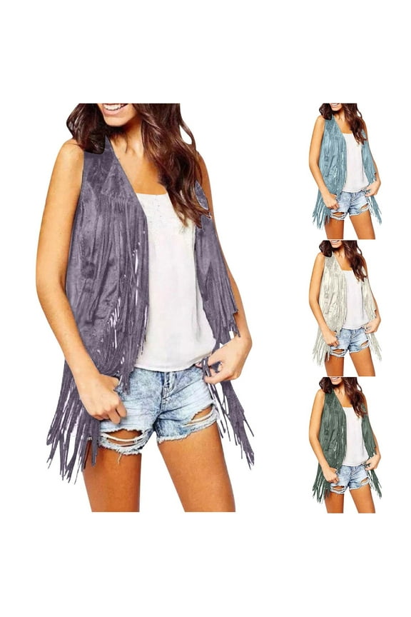 Women Western Tassels Vest Tops 70s Hippie Faux Suede Fringe Vests Sleeveless Jacket Cardigan Open Front Rodeo Cowgirl Shirt Beige,S