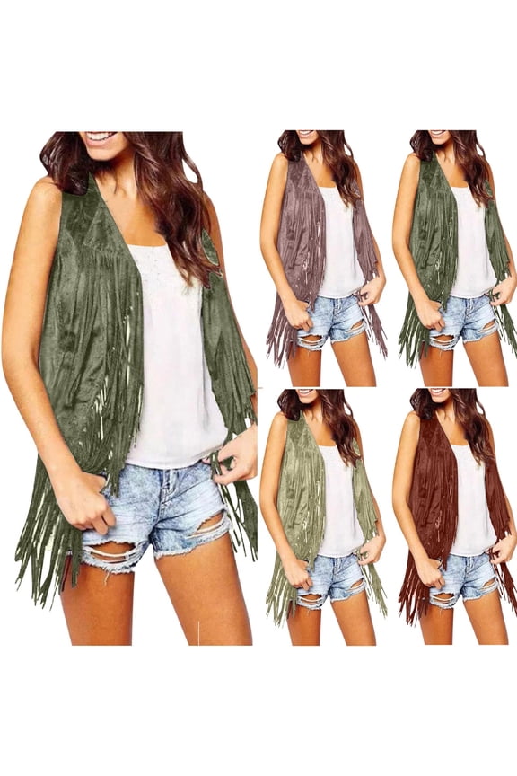 Women Western Tassels Vest Tops 70s Hippie Faux Suede Fringe Vests Sleeveless Jacket Cardigan Open Front Rodeo Cowgirl Shirt Brown,XXXL