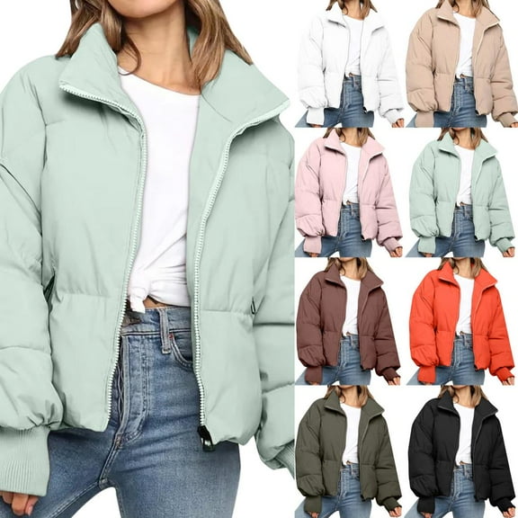 Juebong Women Winter Down Puffer Coat Wind Resistant Insulated Warm Jackets Trendy Fashion Zip Up Bubble Quilted Jacket Outerwear Khaki,S